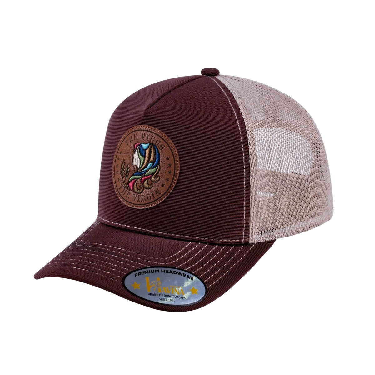 Unisex V2 Embroidered And Laser-Engraved Virgo Zodiac (August 23, September 22), 5-Panel Trucker Hat, Dark Brown/Khaki, Adjustable Fit