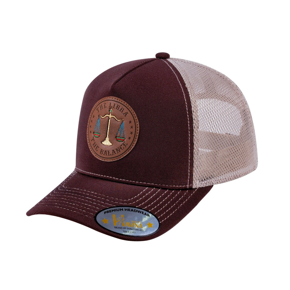 Unisex V2 Embroidered And Laser-Engraved Libra Zodiac (September 23, October 22), 5-Panel Trucker Hat, Dark Brown/Khaki, Adjustable Fit