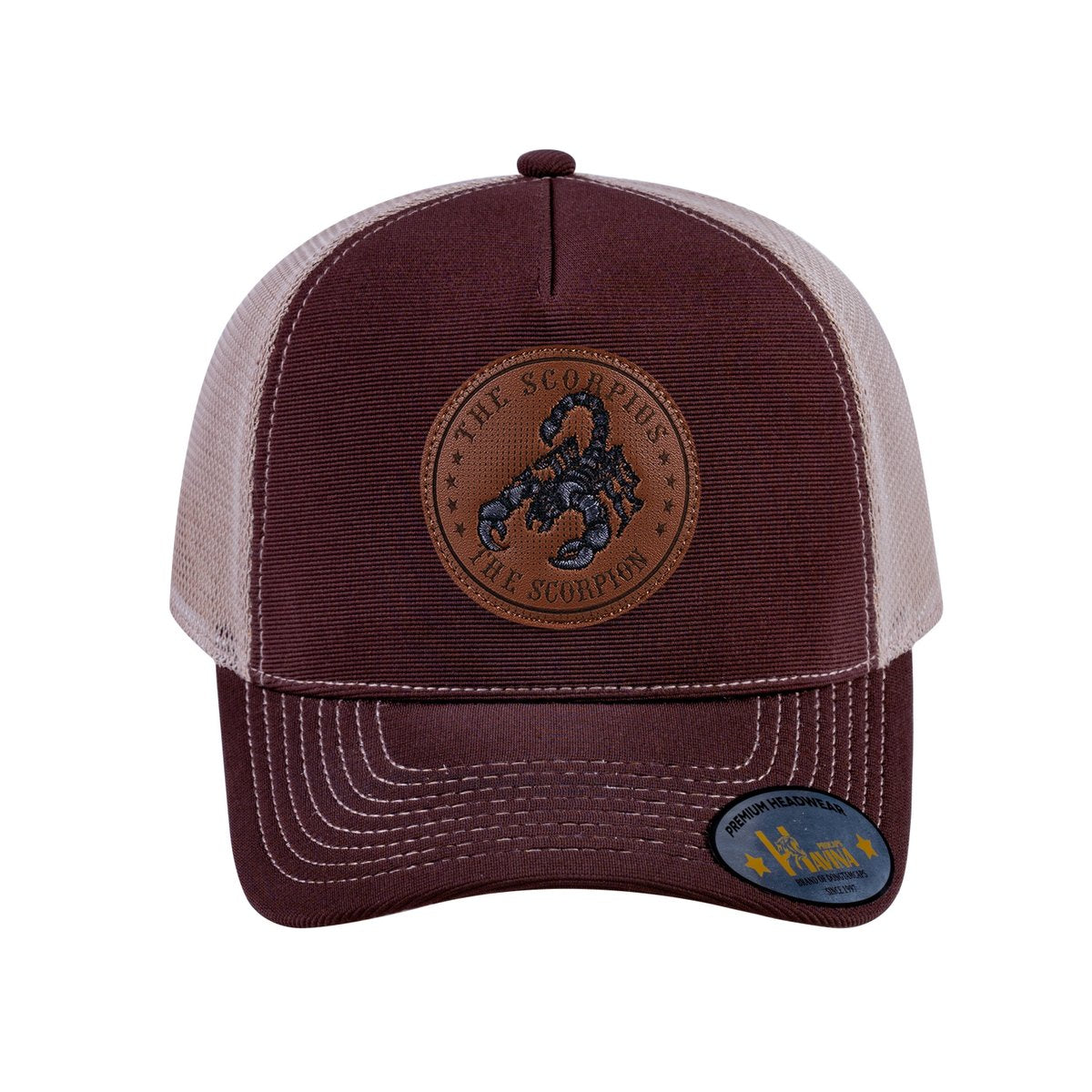 Unisex V2 Embroidered And Laser-Engraved Scorpius Zodiac (October 23, November 21), 5-Panel Trucker Hat, Dark Brown/Khaki, Adjustable Fit