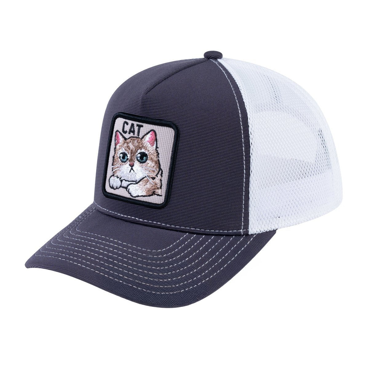 Unisex V2 Embroidered The Cat, 5-Panel Trucker Hat, Dark Grey/White, Adjustable Fit