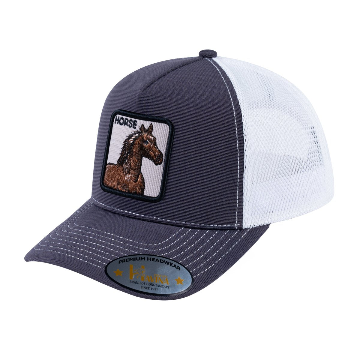 Unisex V2 Embroidered The Horse, 5-Panel Trucker Hat, Dark Grey/White, Adjustable Fit