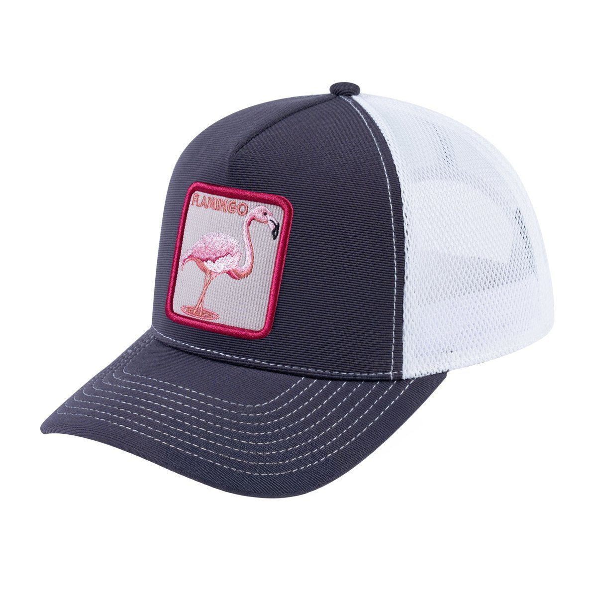 Unisex V2 Embroidered The Flamingo, 5-Panel Trucker Hat, Dark Grey/White, Adjustable Fit