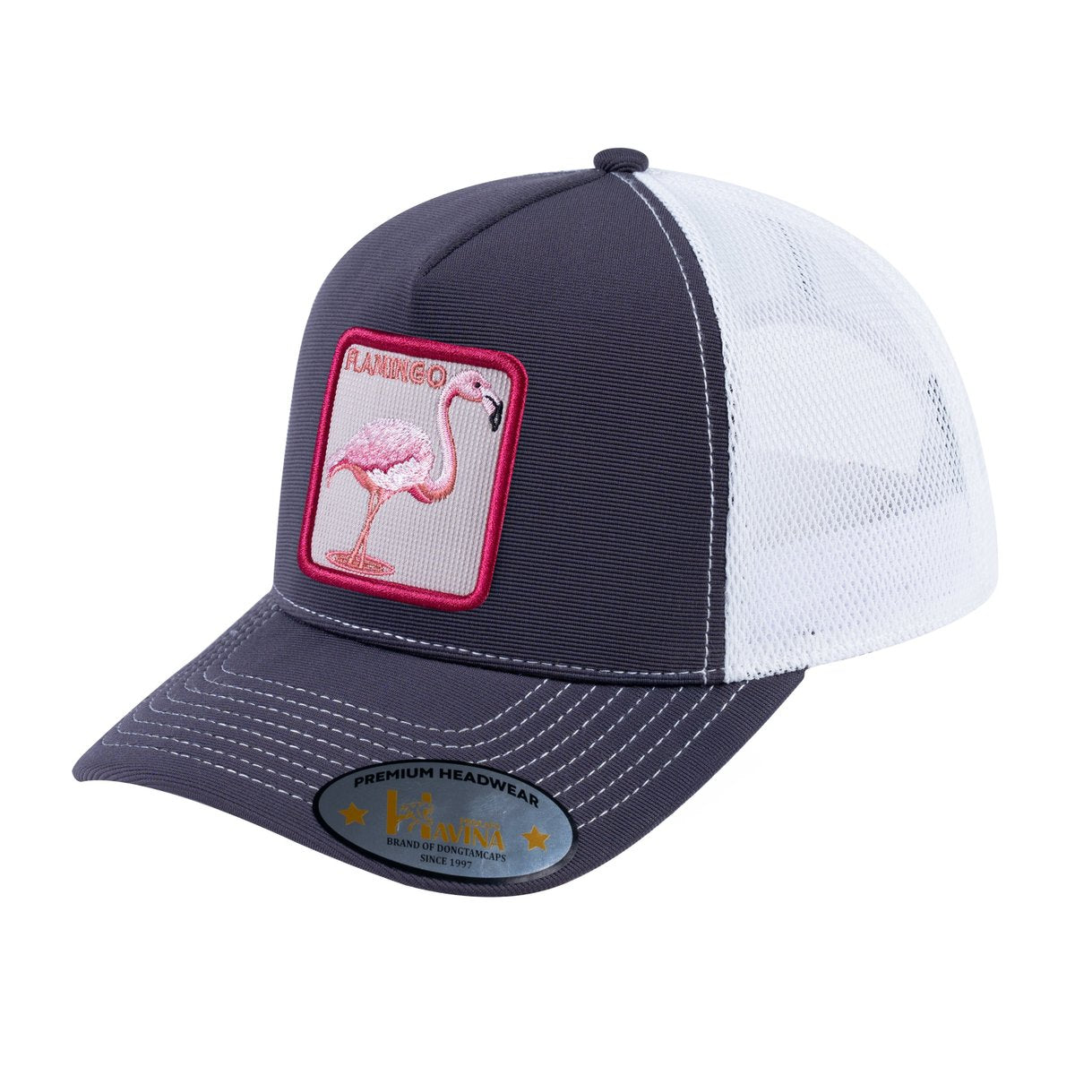 Unisex V2 Embroidered The Flamingo, 5-Panel Trucker Hat, Dark Grey/White, Adjustable Fit