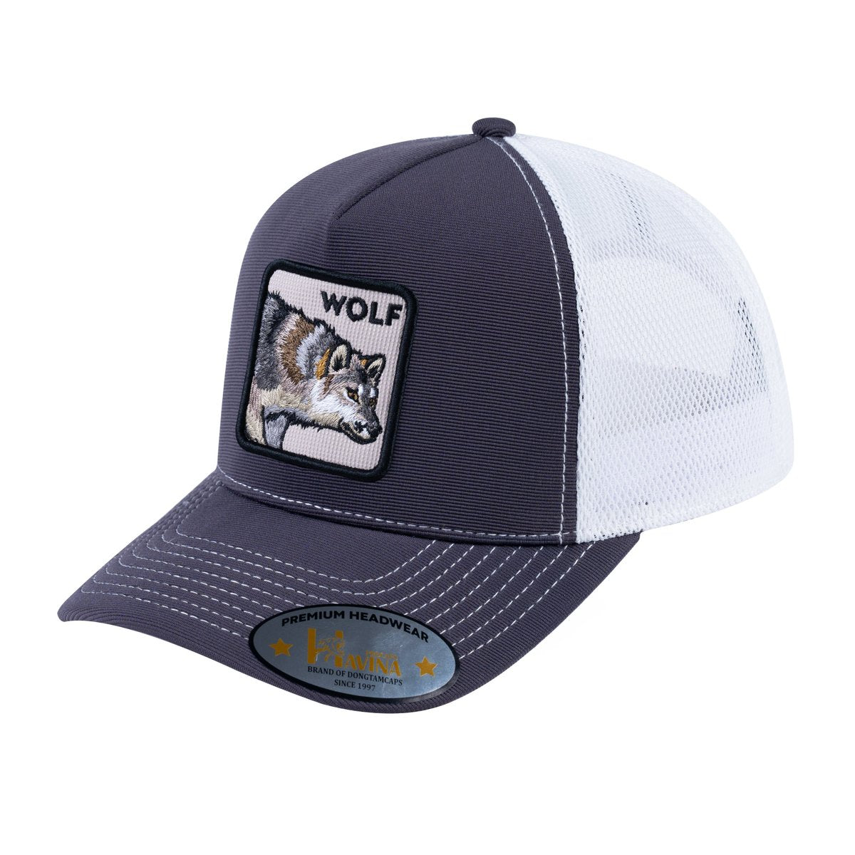 Unisex V2 Embroidered The Wolf, 5-Panel Trucker Hat, Dark Grey/White, Adjustable Fit