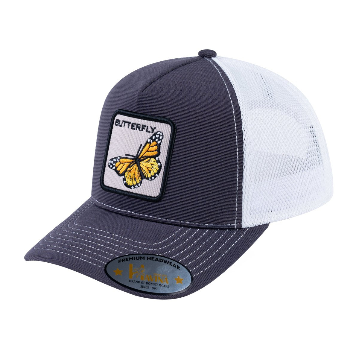 Unisex V2 Embroidered The Butterfly, 5-Panel Trucker Hat, Dark Grey/White, Adjustable Fit