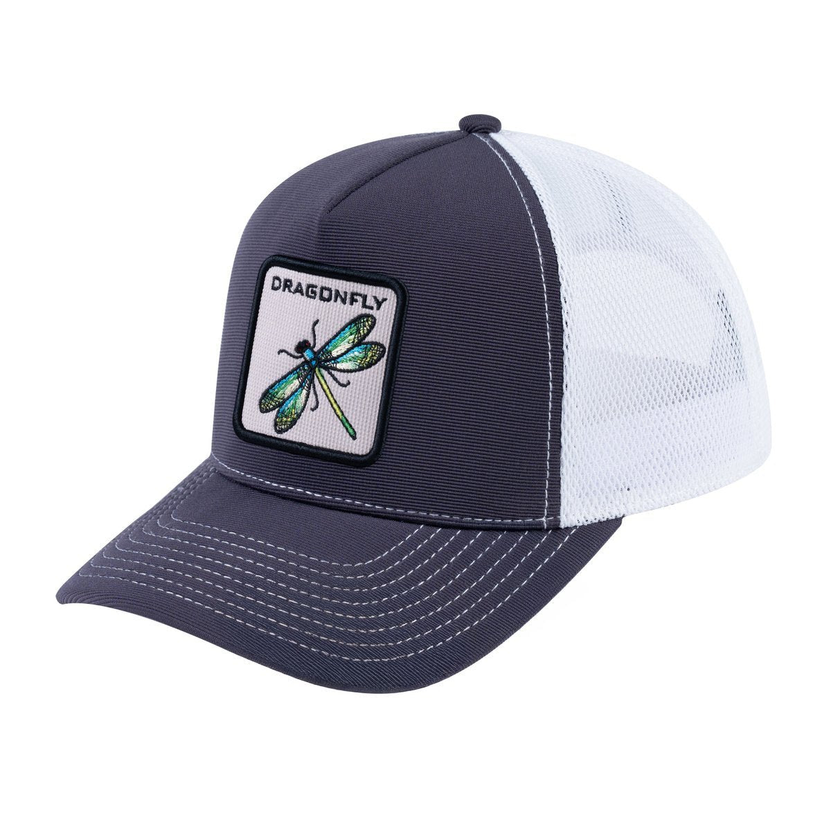 Unisex V2 Embroidered The Dragonfly, 5-Panel Trucker Hat, Dark Grey/White, Adjustable Fit