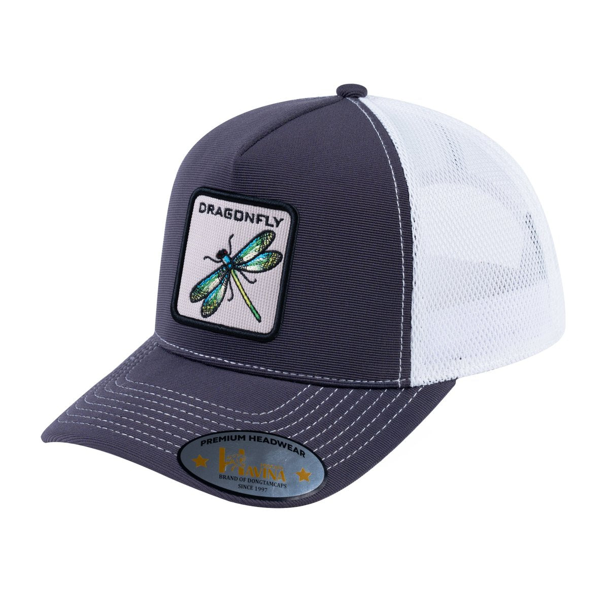 Unisex V2 Embroidered The Dragonfly, 5-Panel Trucker Hat, Dark Grey/White, Adjustable Fit