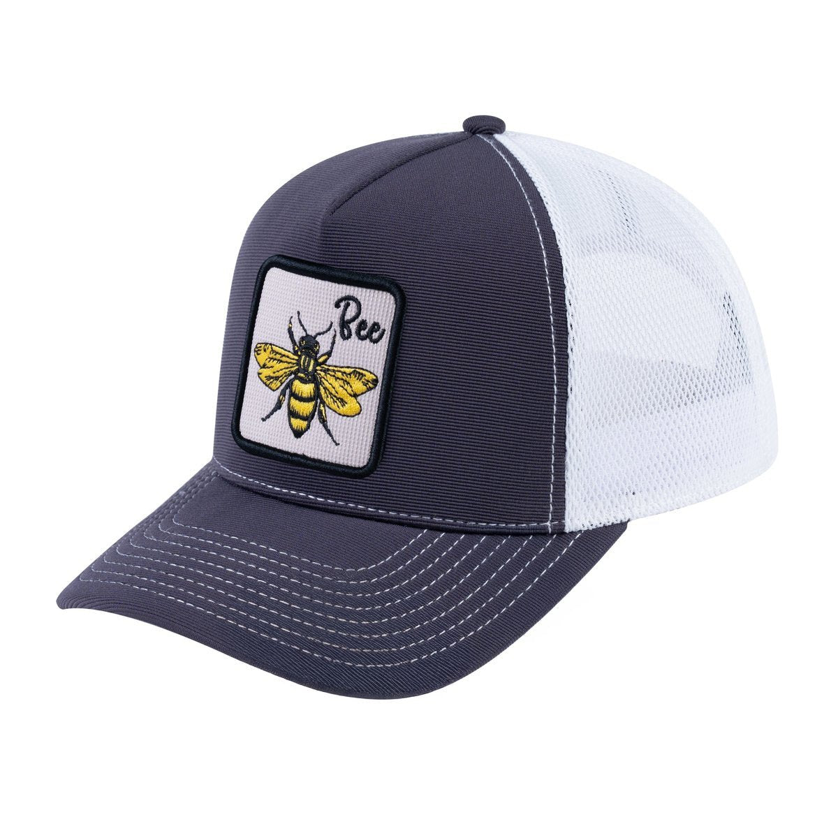 Unisex V2 Embroidered The Bee, 5-Panel Trucker Hat, Dark Grey/White, Adjustable Fit