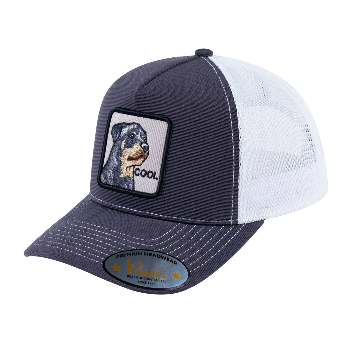 Unisex V2 Embroidered The Dog, 5-Panel Trucker Hat, Dark Grey/White, Adjustable Fit