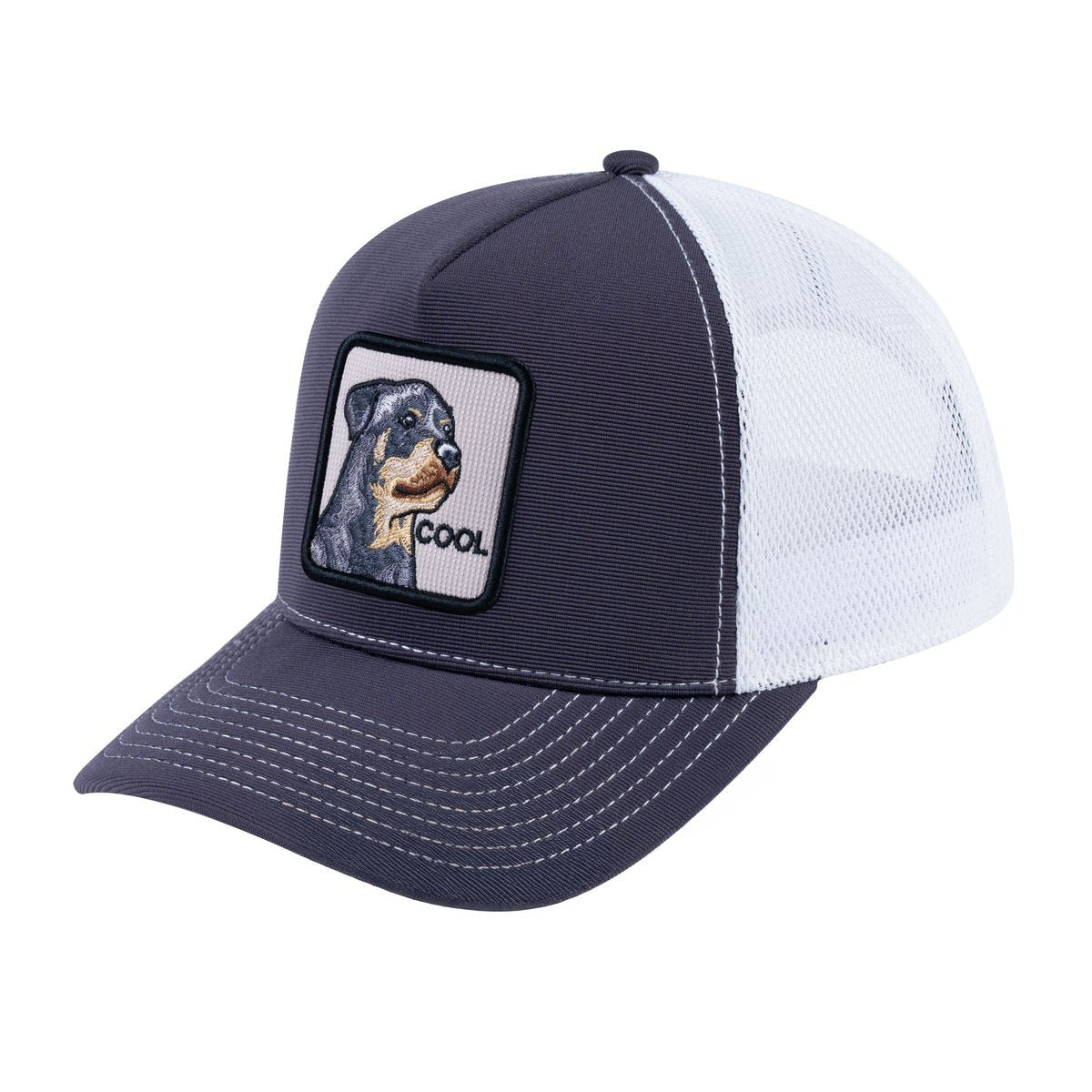 Unisex V2 Embroidered The Dog, 5-Panel Trucker Hat, Dark Grey/White, Adjustable Fit