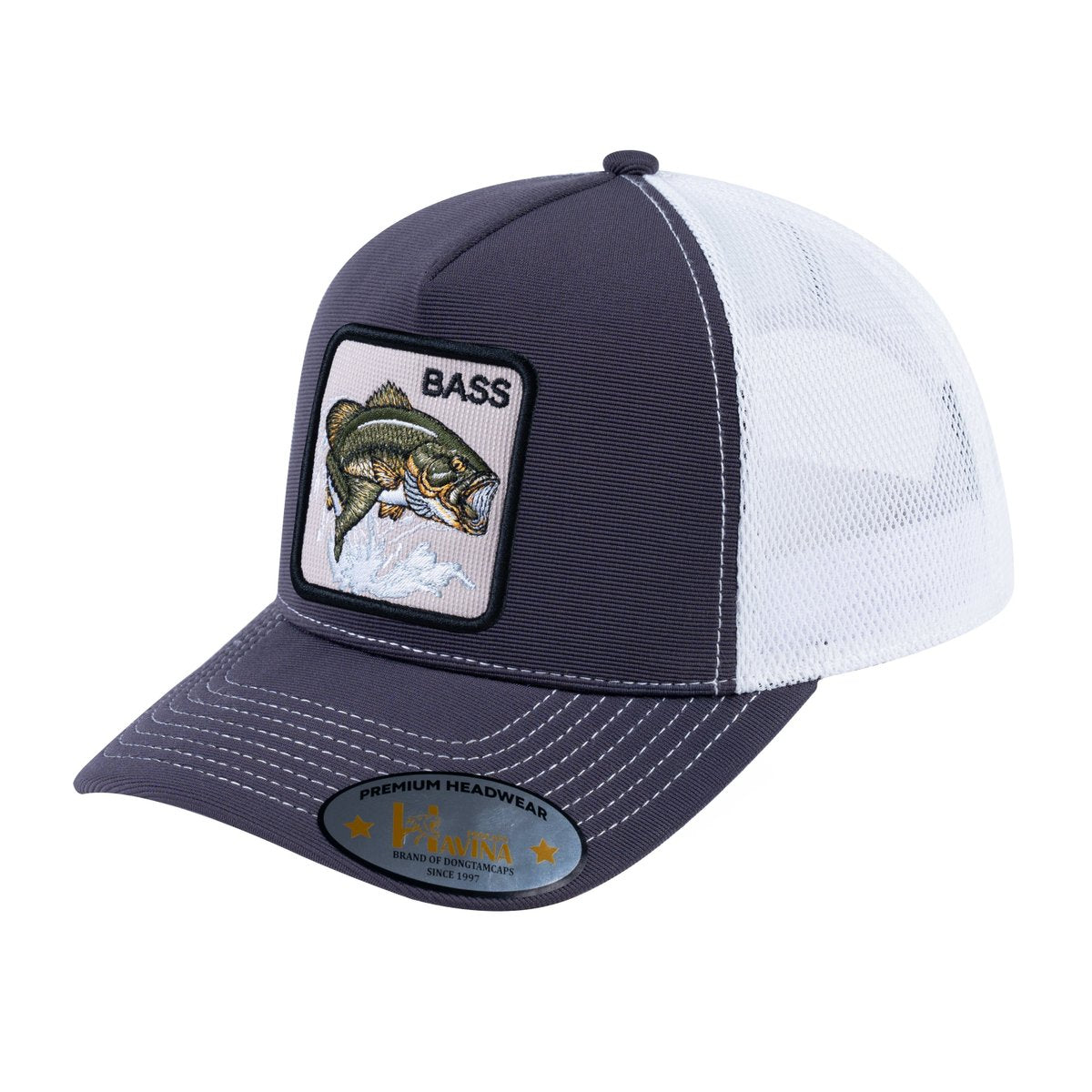 Unisex V2 Embroidered The Bass, 5-Panel Trucker Hat, Dark Grey/White, Adjustable Fit