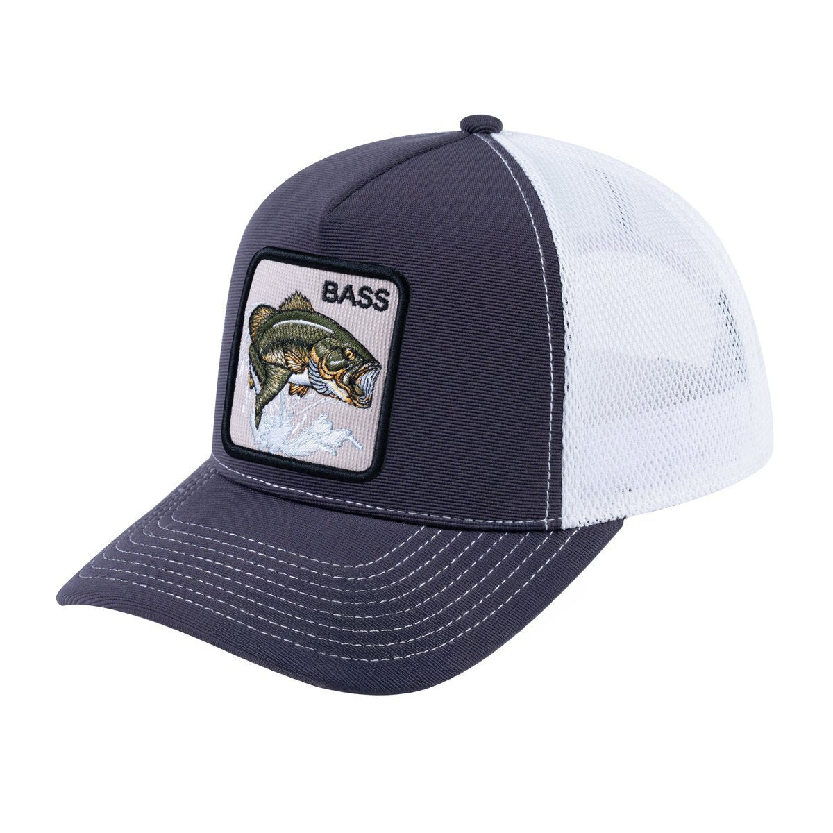 Unisex V2 Embroidered The Bass, 5-Panel Trucker Hat, Dark Grey/White, Adjustable Fit