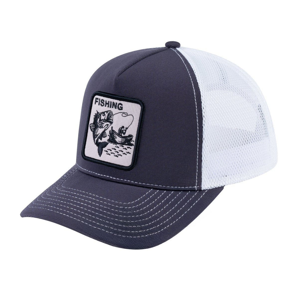 Unisex V2 Embroidered The Fishing, 5-Panel Trucker Hat, Dark Grey/White, Adjustable Fit