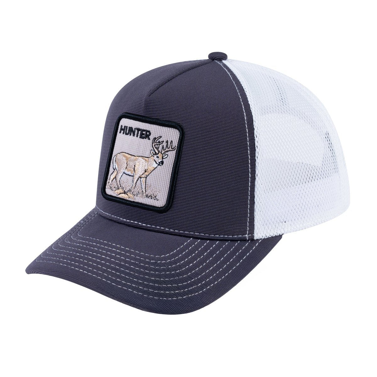 Unisex V2 Embroidered The Hunter, 5-Panel Trucker Hat, Dark Grey/White, Adjustable Fit