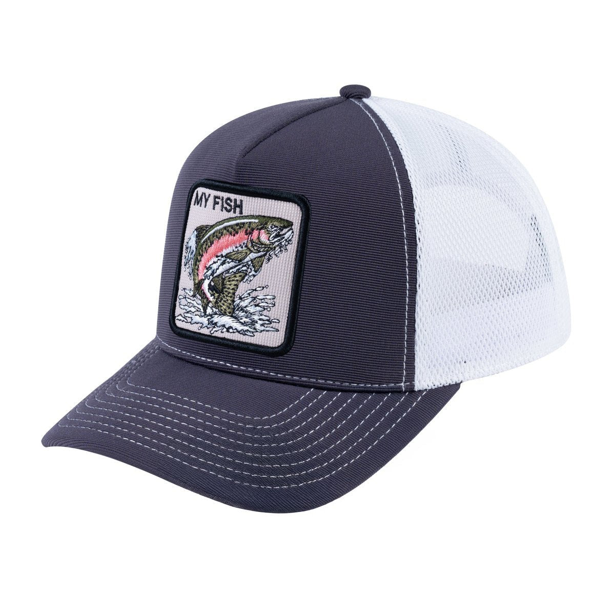 Unisex V2 Embroidered The Salmon, 5-Panel Trucker Hat, Dark Grey/White, Adjustable Fit
