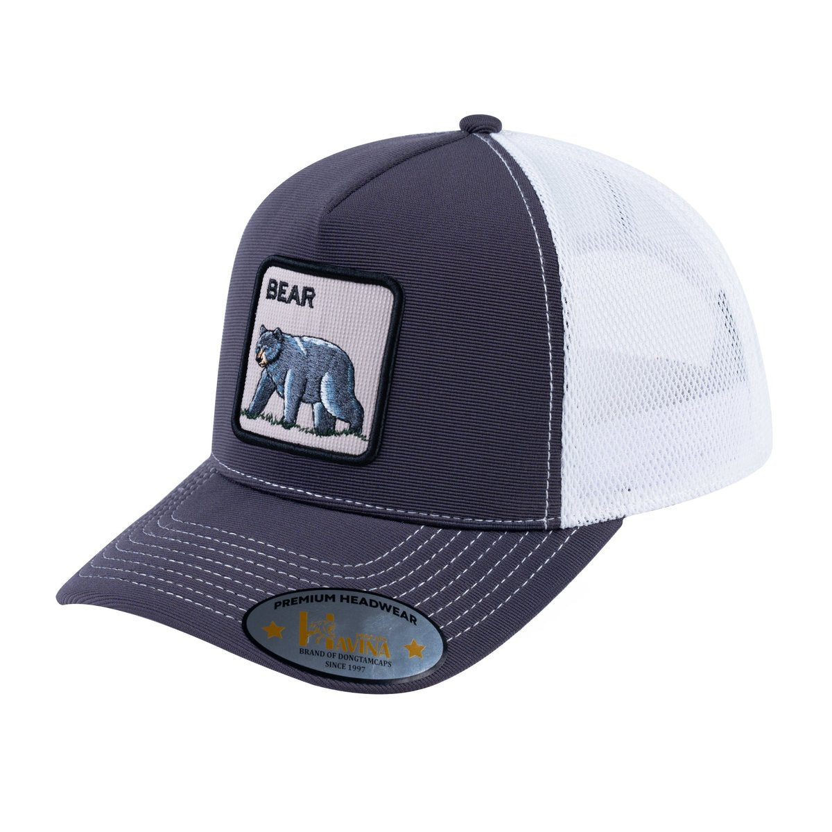 Unisex V2 Embroidered The Bear V2, 5-Panel Trucker Hat, Dark Grey/White, Adjustable Fit