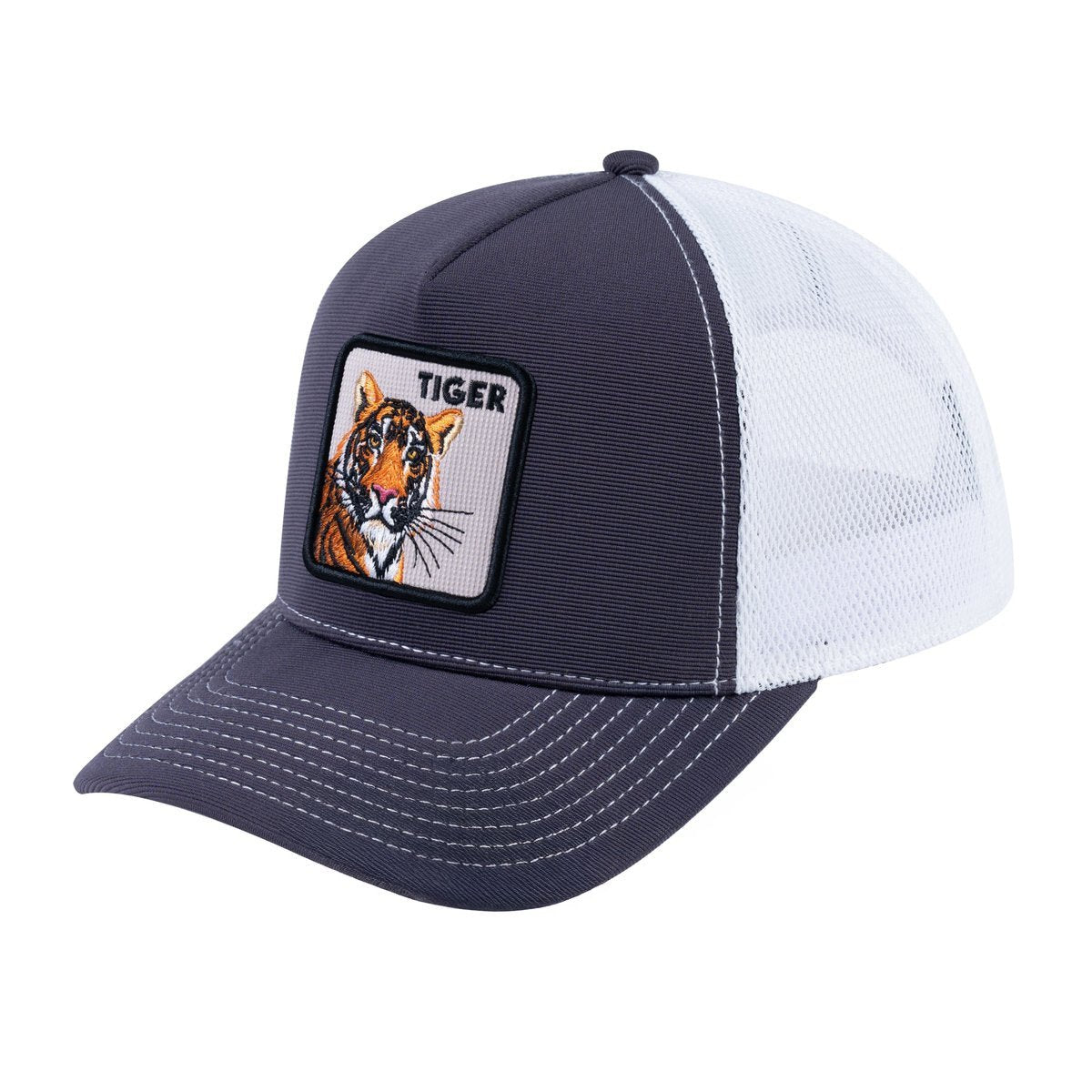 Unisex V2 Embroidered The Tiger, 5-Panel Trucker Hat, Dark Grey/White, Adjustable Fit