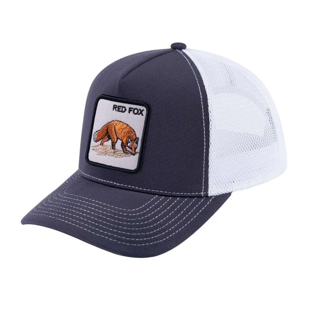 Unisex V2 Embroidered The Red Fox, 5-Panel Trucker Hat, Dark Grey/White, Adjustable Fit