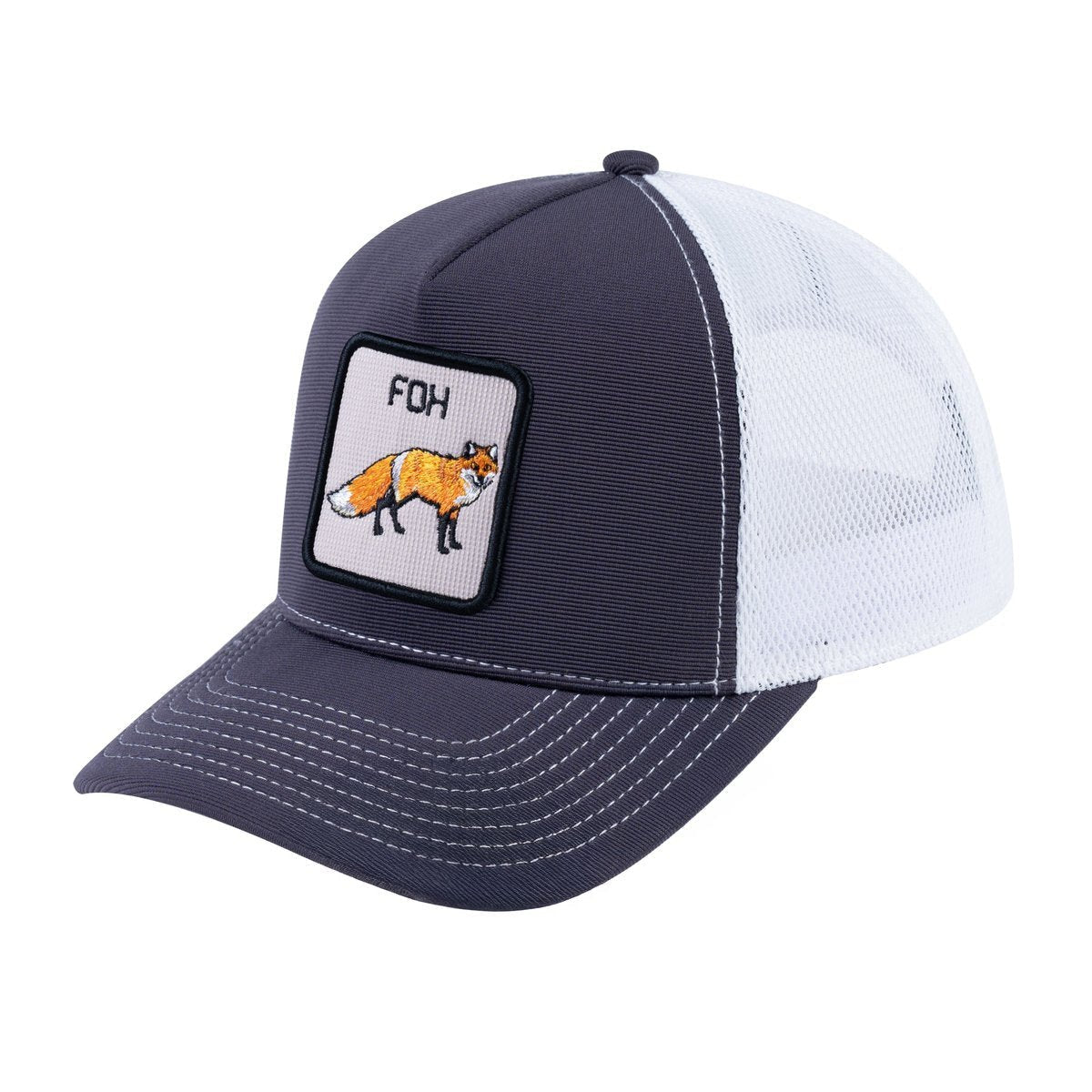 Unisex V2 Embroidered The Fox, 5-Panel Trucker Hat, Dark Grey/White, Adjustable Fit