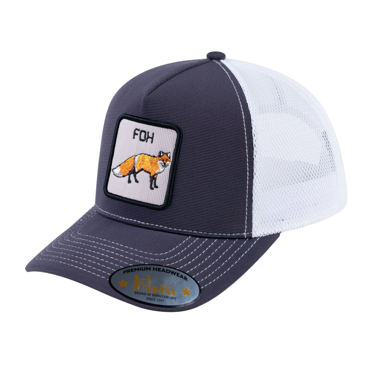 Unisex V2 Embroidered The Fox, 5-Panel Trucker Hat, Dark Grey/White, Adjustable Fit
