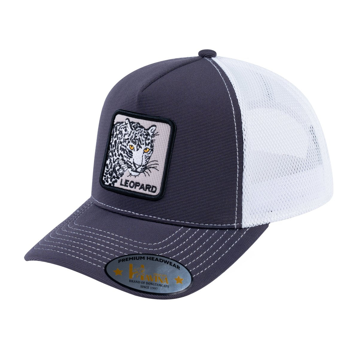 Unisex V2 Embroidered The Leopard, 5-Panel Trucker Hat, Dark Grey/White, Adjustable Fit