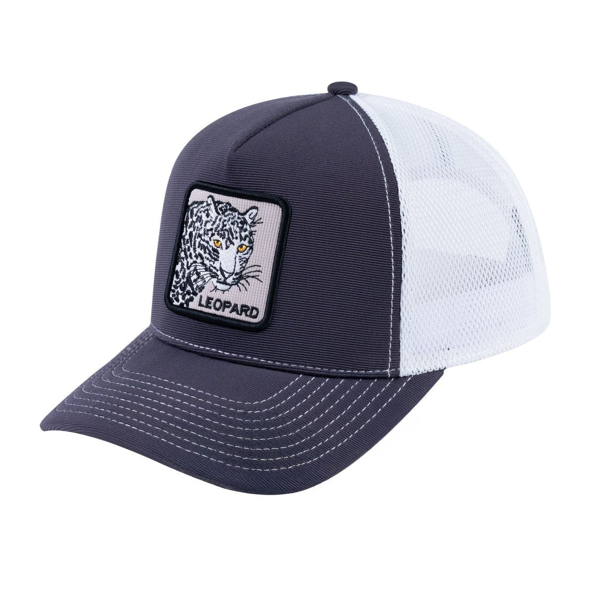 Unisex V2 Embroidered The Leopard, 5-Panel Trucker Hat, Dark Grey/White, Adjustable Fit