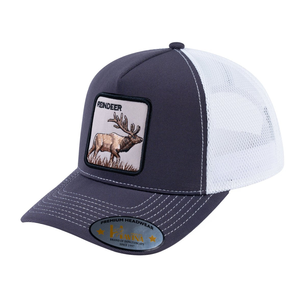 Unisex V2 Embroidered The Reindeer, 5-Panel Trucker Hat, Dark Grey/White, Adjustable Fit