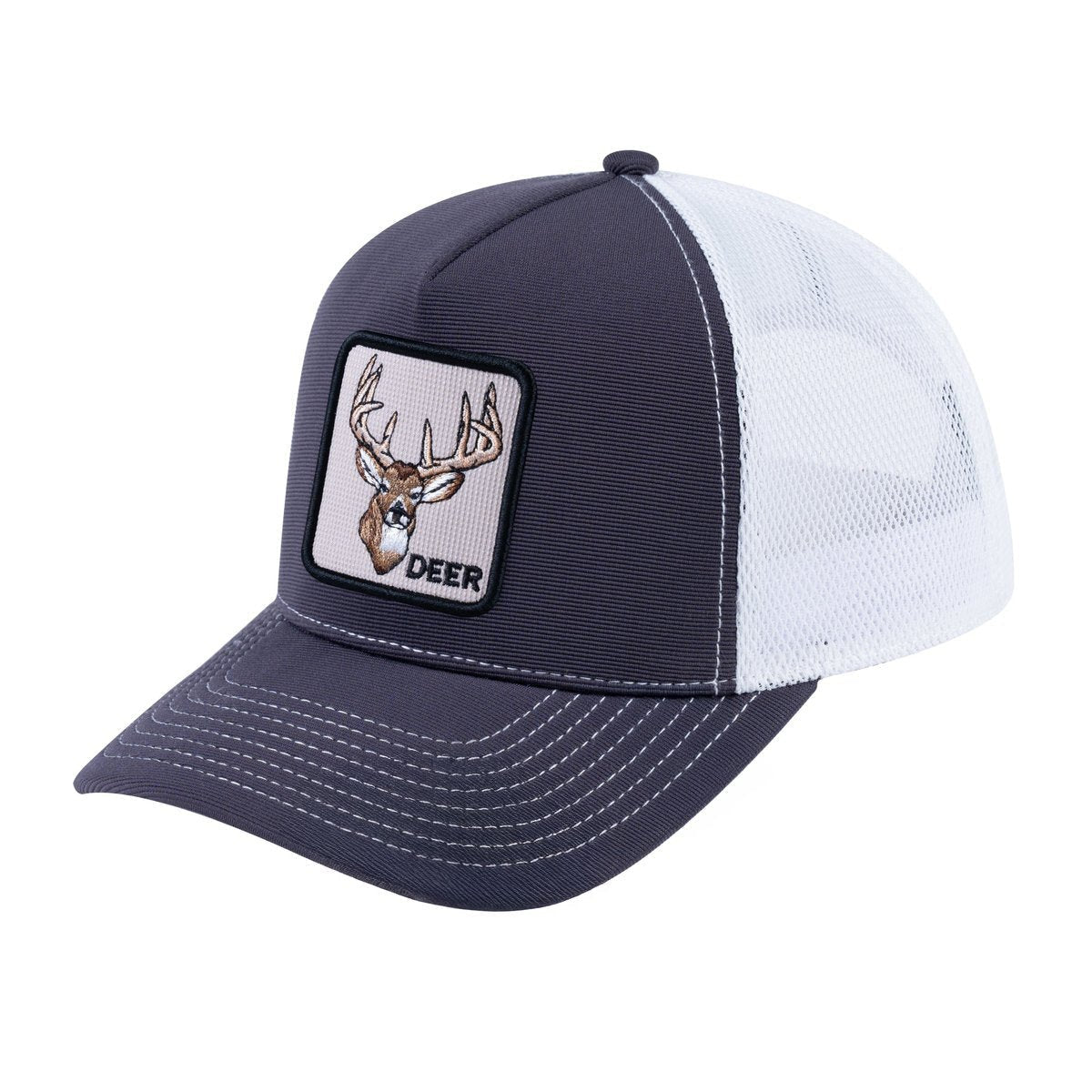 Unisex V2 Embroidered The Deer, 5-Panel Trucker Hat, Dark Grey/White, Adjustable Fit