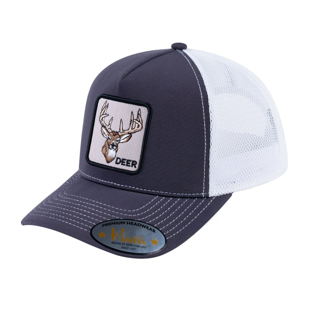 Unisex V2 Embroidered The Deer, 5-Panel Trucker Hat, Dark Grey/White, Adjustable Fit