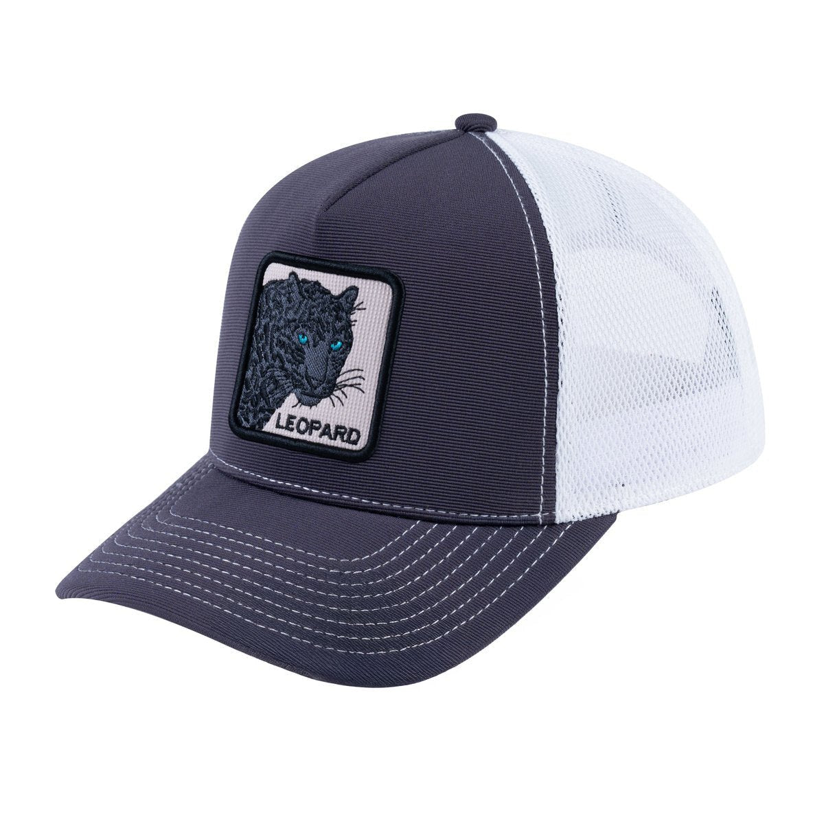 Unisex V2 Embroidered The Leopard V2, 5-Panel Trucker Hat, Dark Grey/White, Adjustable Fit