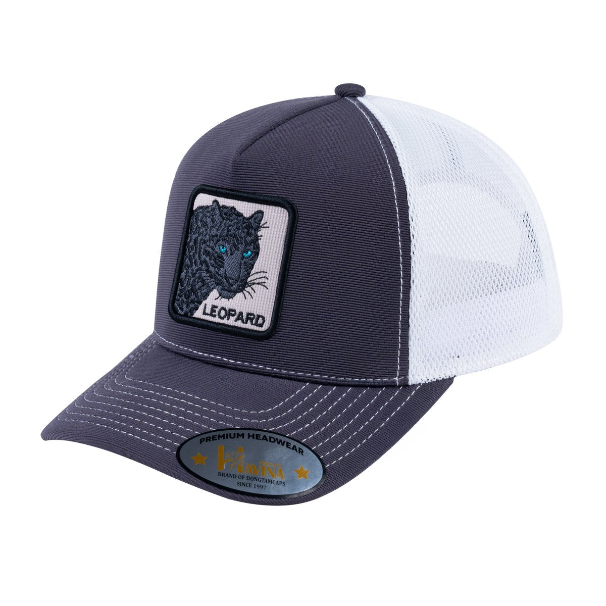 Unisex V2 Embroidered The Leopard V2, 5-Panel Trucker Hat, Dark Grey/White, Adjustable Fit