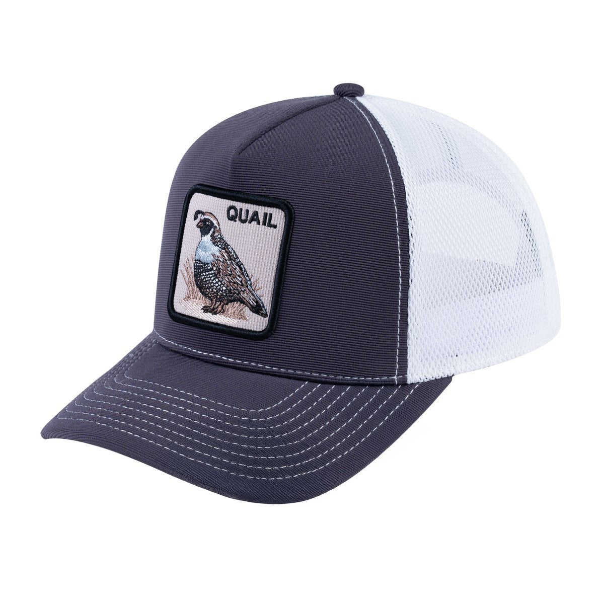 Unisex V2 Embroidered The Quail, 5-Panel Trucker Hat, Dark Grey/White, Adjustable Fit