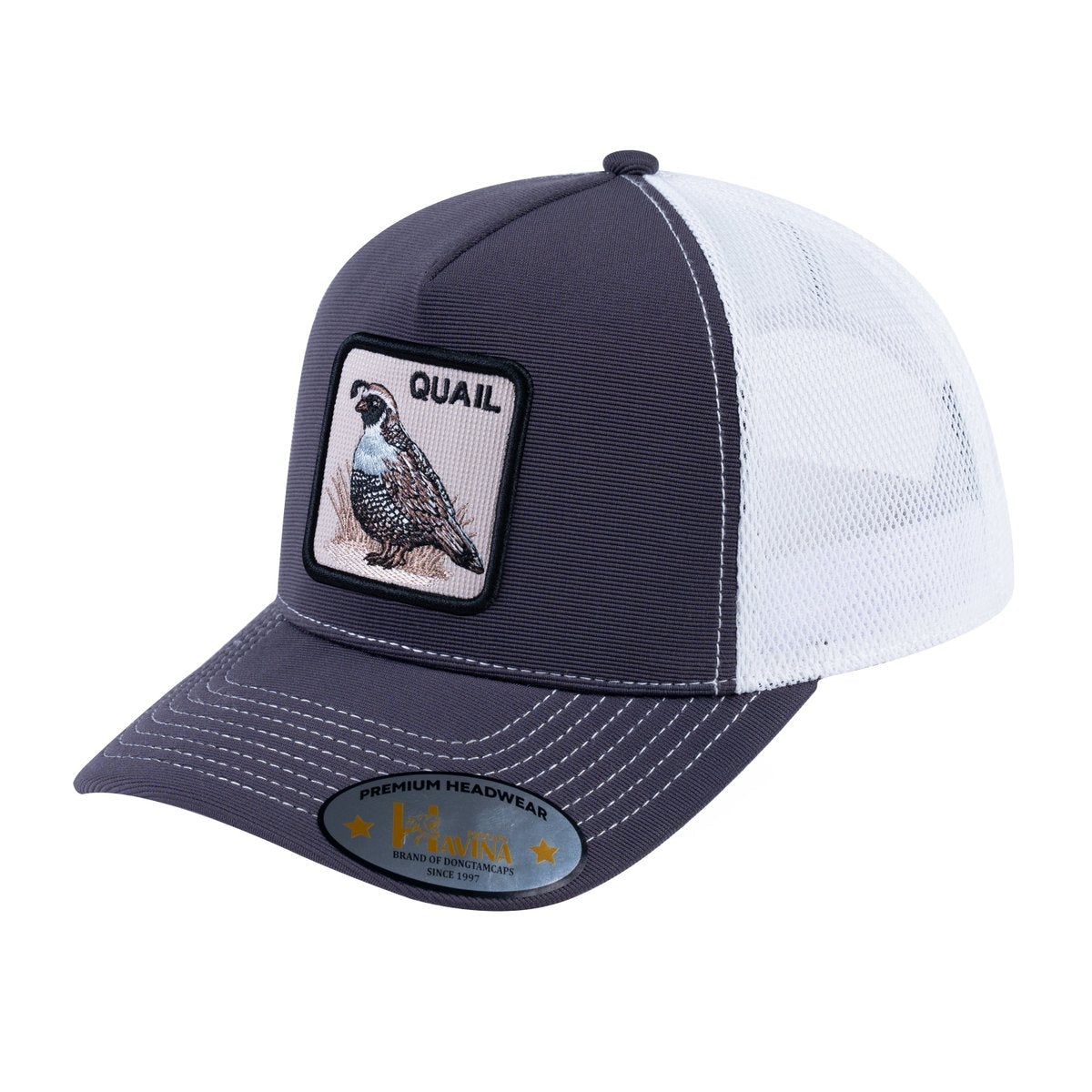 Unisex V2 Embroidered The Quail, 5-Panel Trucker Hat, Dark Grey/White, Adjustable Fit