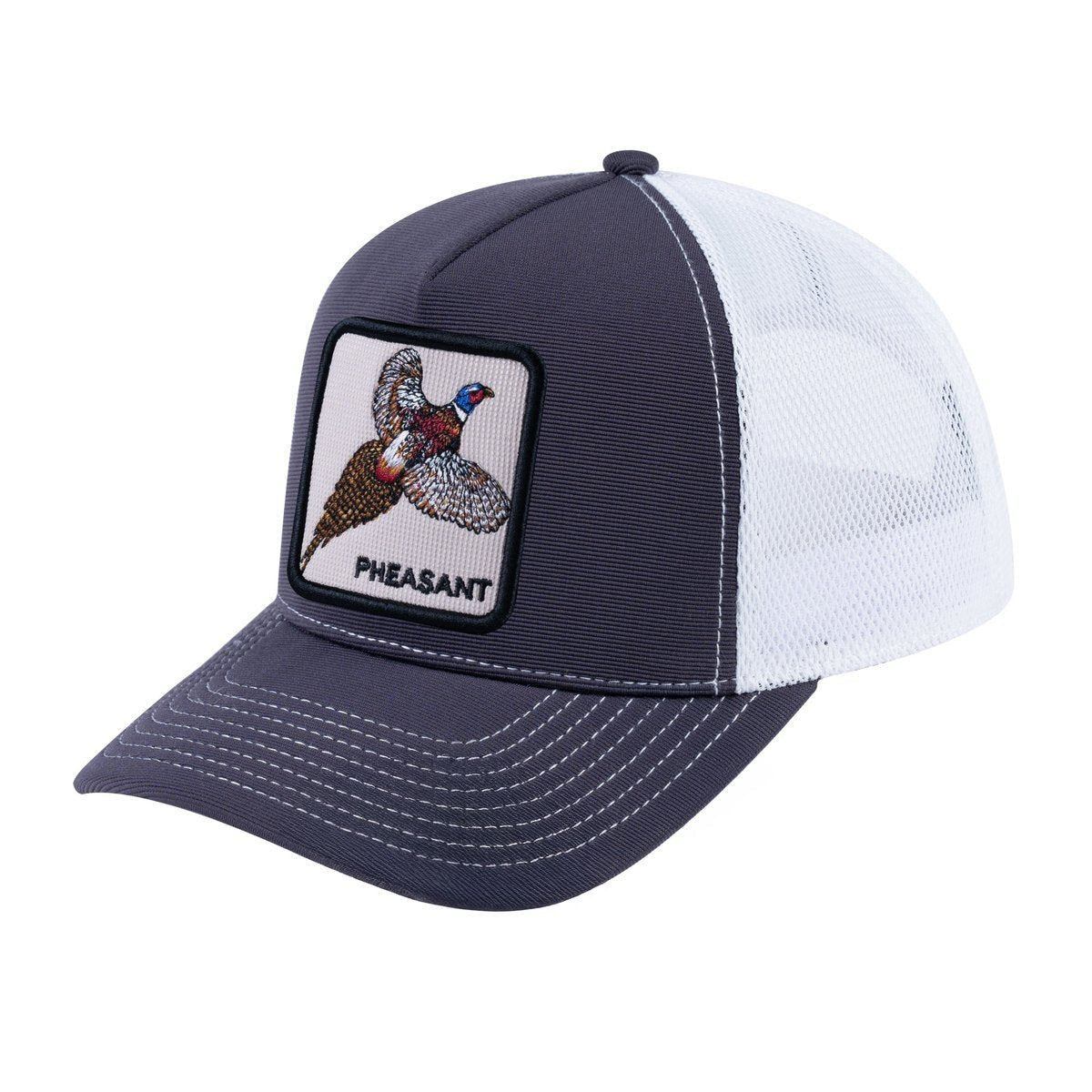 Unisex V2 Embroidered The Pheasant, 5-Panel Trucker Hat, Dark Grey/White, Adjustable Fit