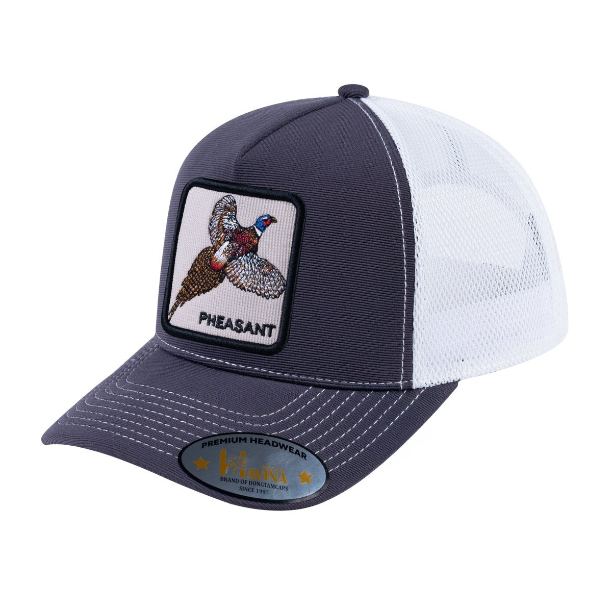 Unisex V2 Embroidered The Pheasant, 5-Panel Trucker Hat, Dark Grey/White, Adjustable Fit