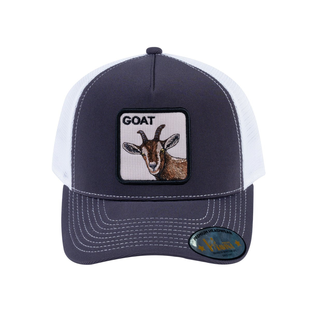 Unisex V2 Embroidered The Goat, 5-Panel Trucker Hat, Dark Grey/White, Adjustable Fit