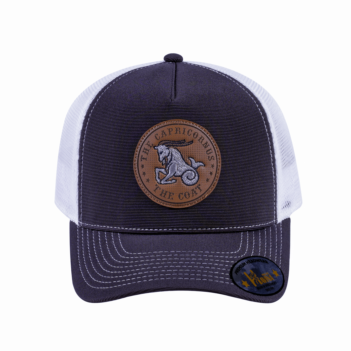 Unisex V2 Embroidered And Laser-Engraved Capricorn Zodiac (December 22, January 19), 5-Panel Trucker Hat, Dark Grey/White, Adjustable Fit
