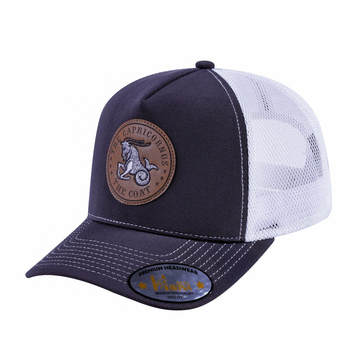 Unisex V2 Embroidered And Laser-Engraved Capricorn Zodiac (December 22, January 19), 5-Panel Trucker Hat, Dark Grey/White, Adjustable Fit