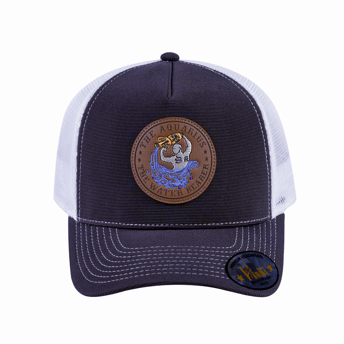 Unisex V2 Embroidered And Laser-Engraved Aquarius Zodiac (January 20, February 18), 5-Panel Trucker Hat, Dark Grey/White, Adjustable Fit