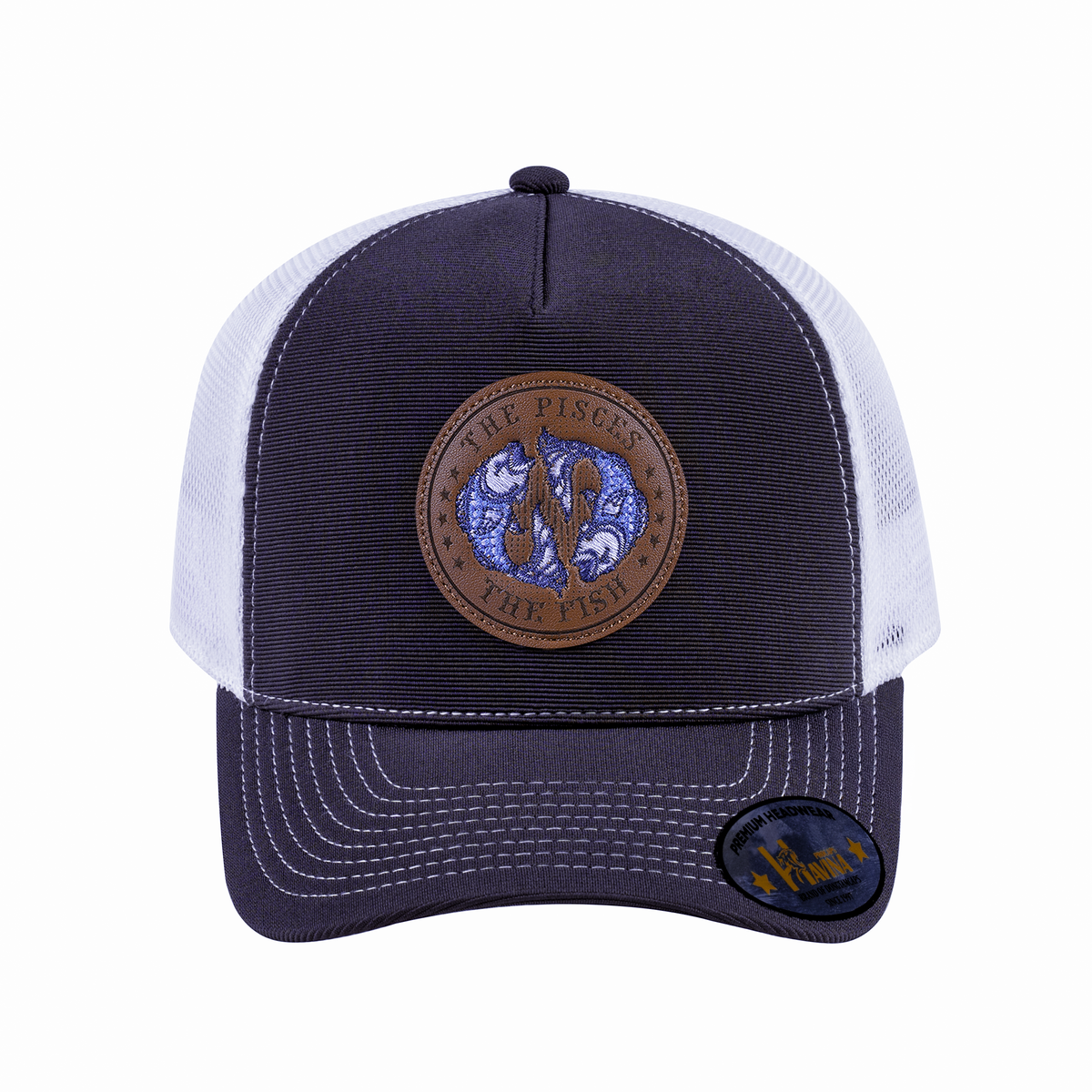 Unisex V2 Embroidered And Laser-Engraved Pisces Zodiac (February 19, March 20), 5-Panel Trucker Hat, Dark Grey/White, Adjustable Fit