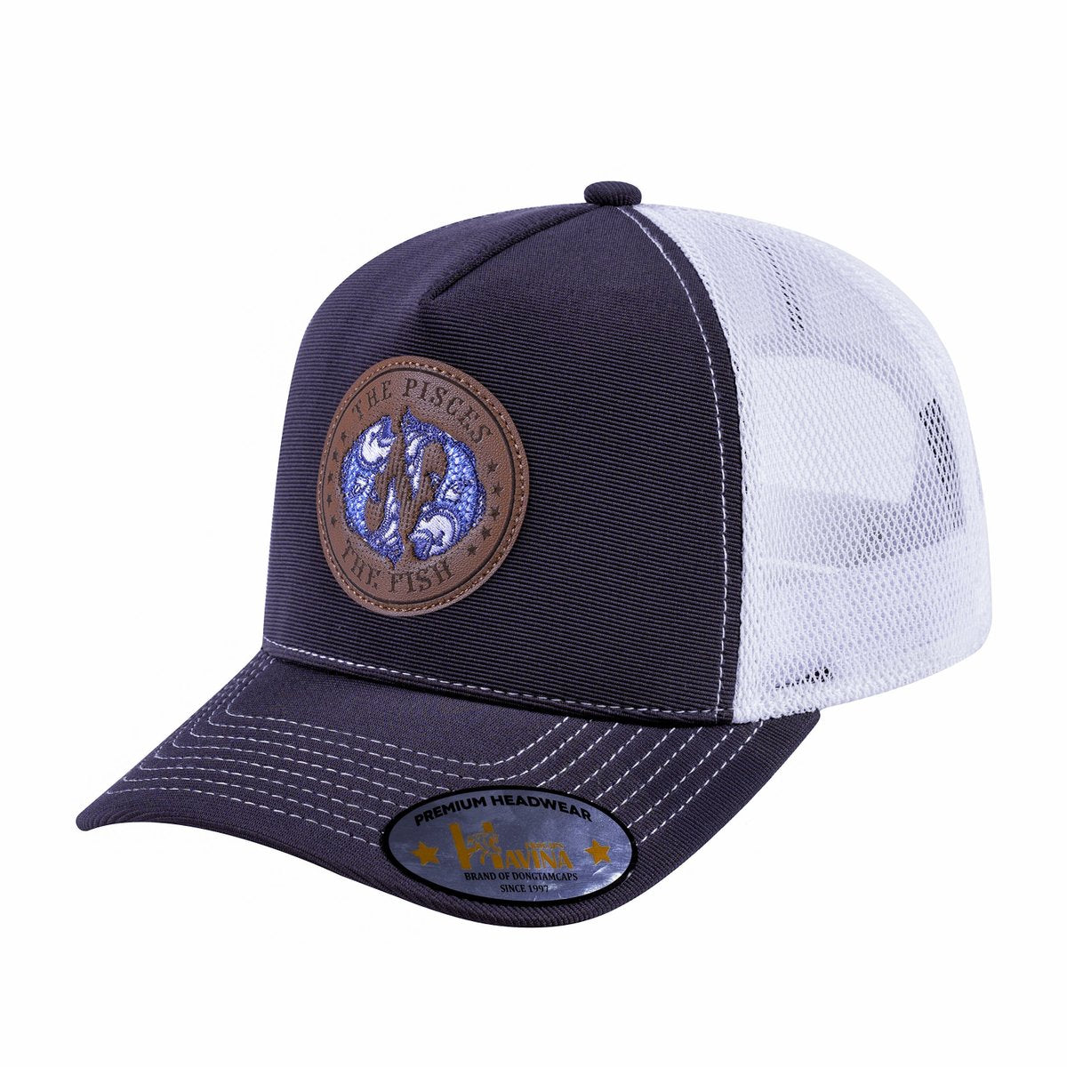 Unisex V2 Embroidered And Laser-Engraved Pisces Zodiac (February 19, March 20), 5-Panel Trucker Hat, Dark Grey/White, Adjustable Fit