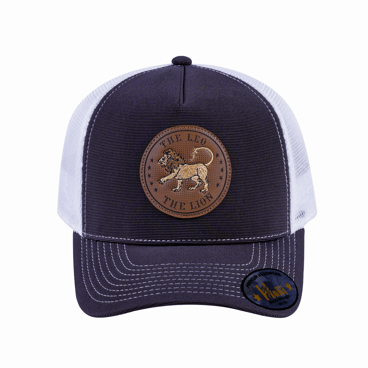 Unisex V2 Embroidered And Laser-Engraved Leo Zodiac (July 23, August 22), 5-Panel Trucker Hat, Dark Grey/White, Adjustable Fit