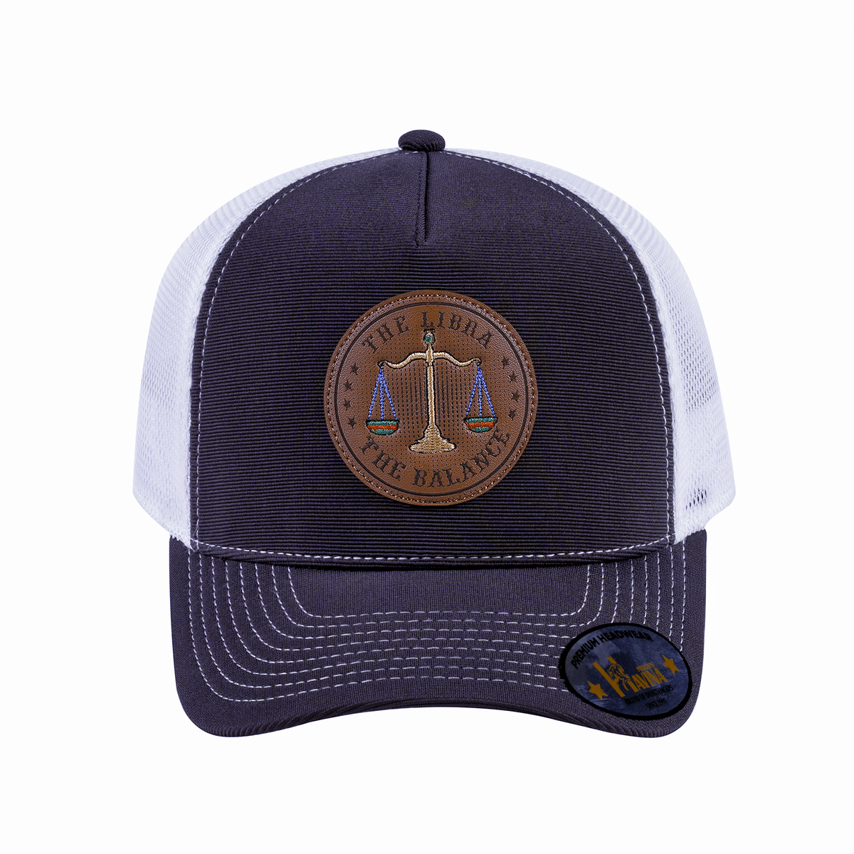 Unisex V2 Embroidered And Laser-Engraved Libra Zodiac (September 23, October 22), 5-Panel Trucker Hat, Dark Grey/White, Adjustable Fit