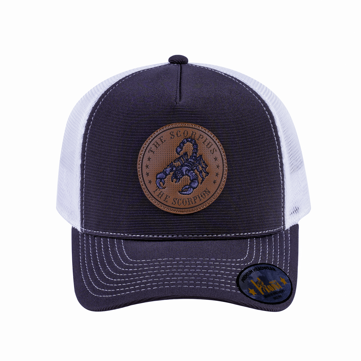 Unisex V2 Embroidered And Laser-Engraved Scorpius Zodiac (October 23, November 21), 5-Panel Trucker Hat, Dark Grey/White, Adjustable Fit