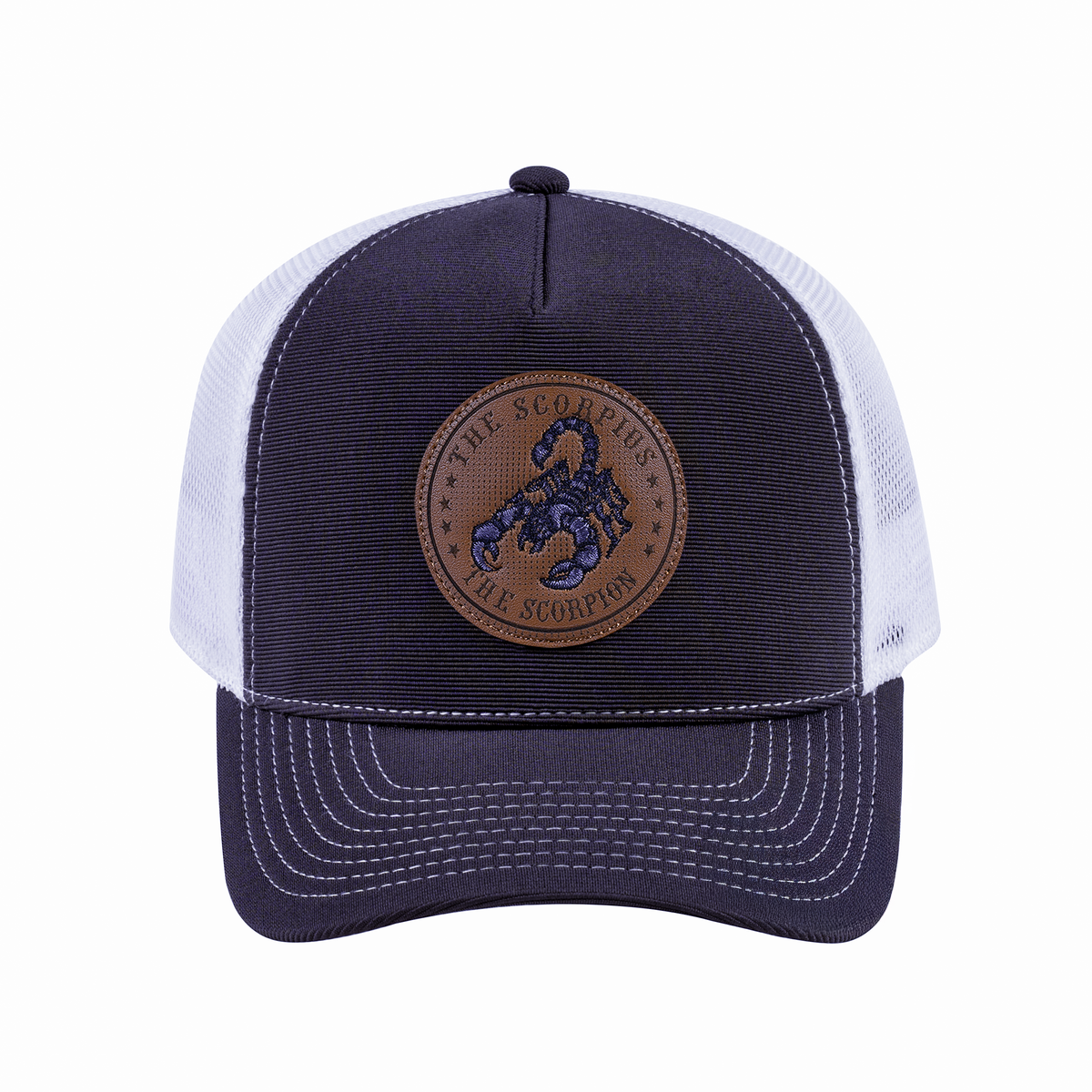 Unisex V2 Embroidered And Laser-Engraved Scorpius Zodiac (October 23, November 21), 5-Panel Trucker Hat, Dark Grey/White, Adjustable Fit