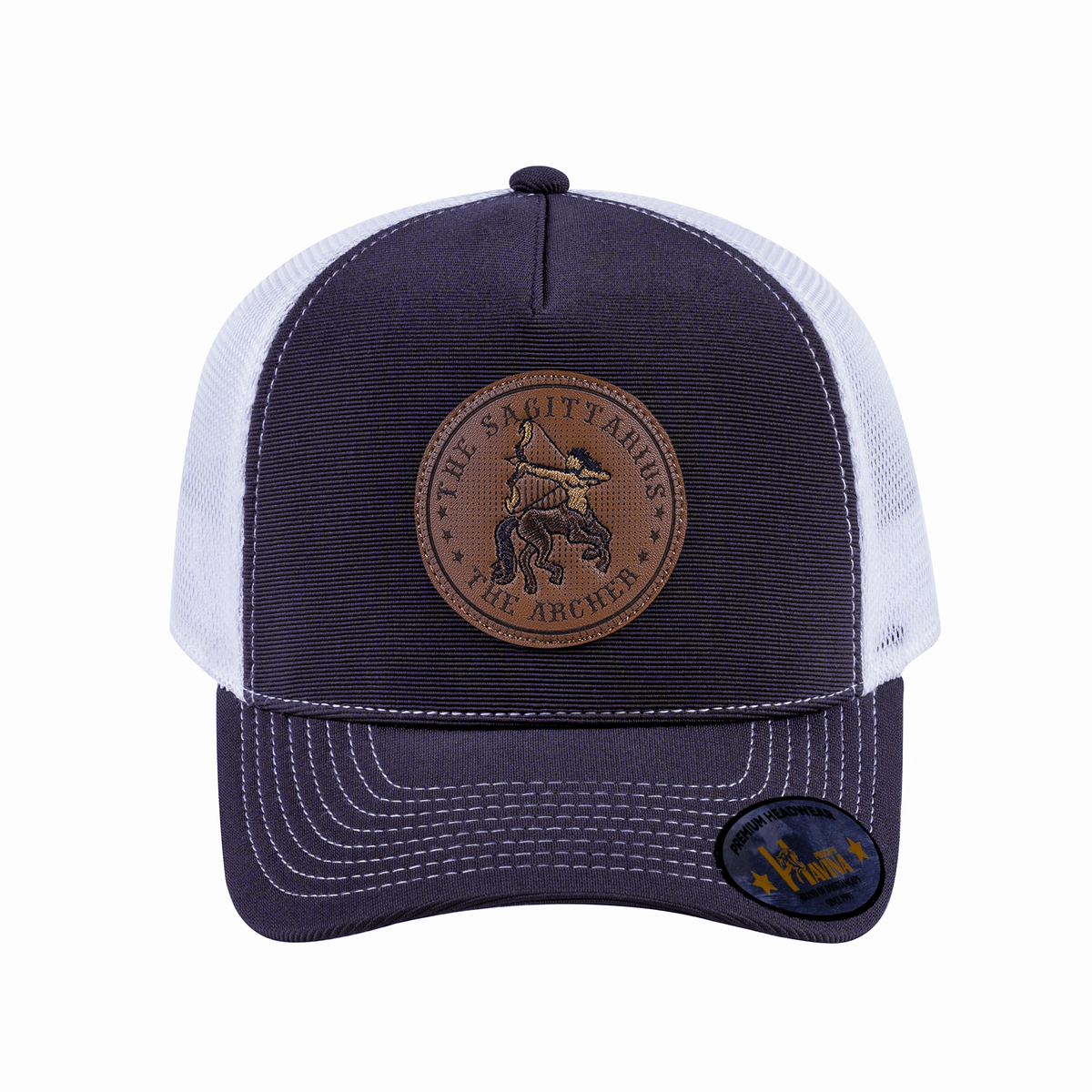Unisex V2 Embroidered And Laser-Engraved Sagittarius Zodiac (November 22, December 21), 5-Panel Trucker Hat, Dark Grey/White, Adjustable Fit