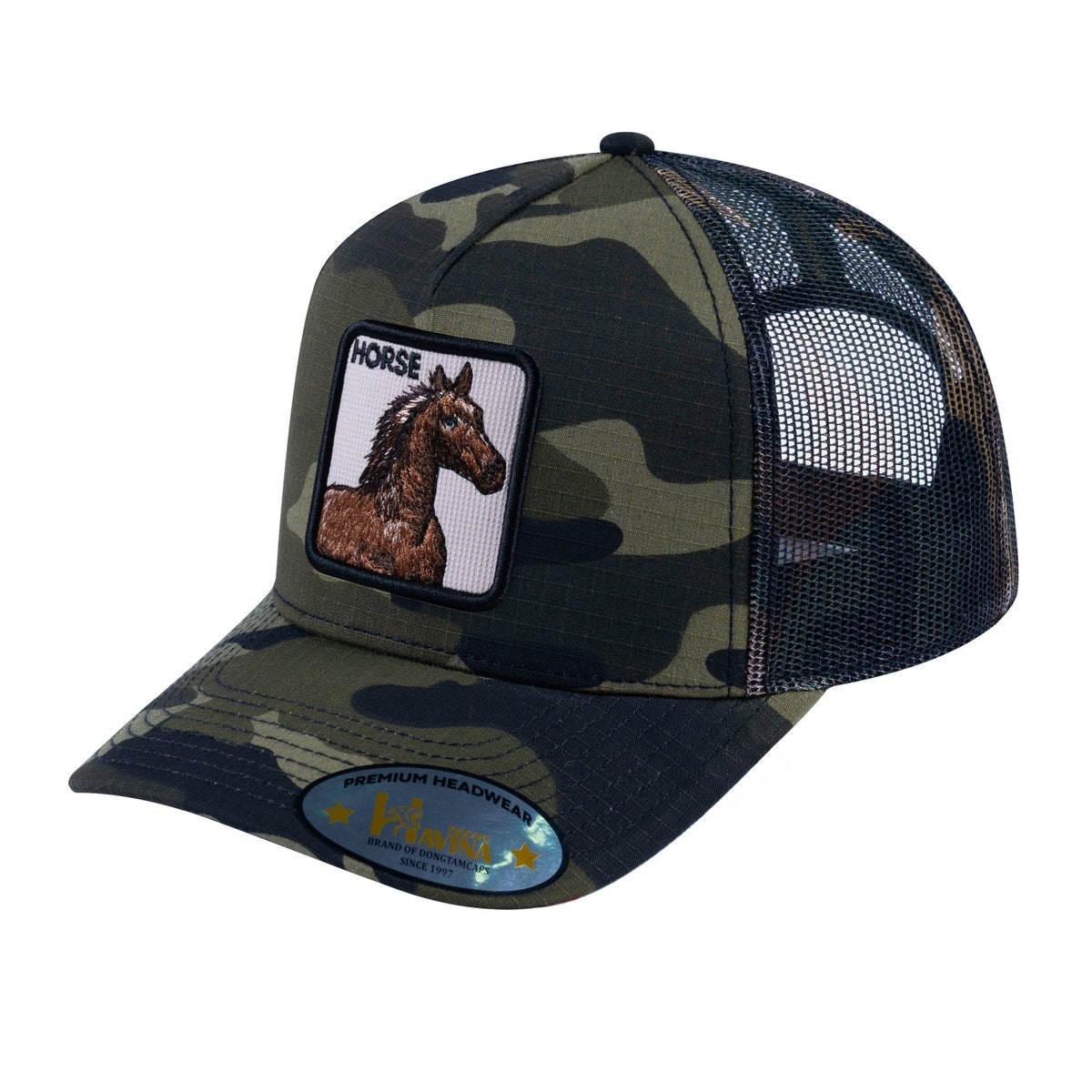 Unisex V2 Embroidered The Horse, 5-Panel Trucker Hat, Green Camo/Green Camo, Adjustable Fit