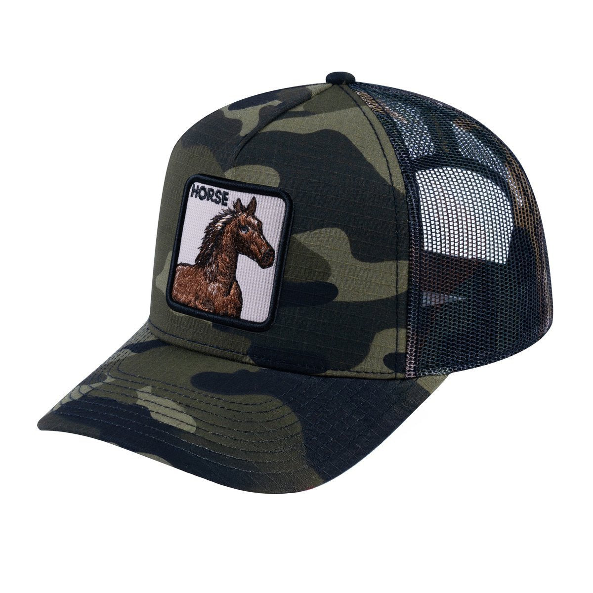 Unisex V2 Embroidered The Horse, 5-Panel Trucker Hat, Green Camo/Green Camo, Adjustable Fit