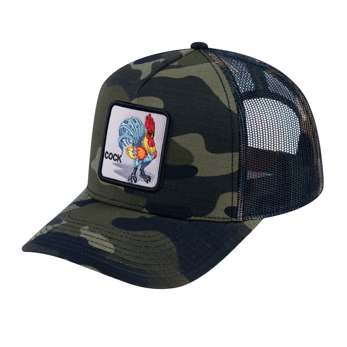 Unisex V2 Embroidered The Chicken, 5-Panel Trucker Hat, Green Camo/Green Camo, Adjustable Fit