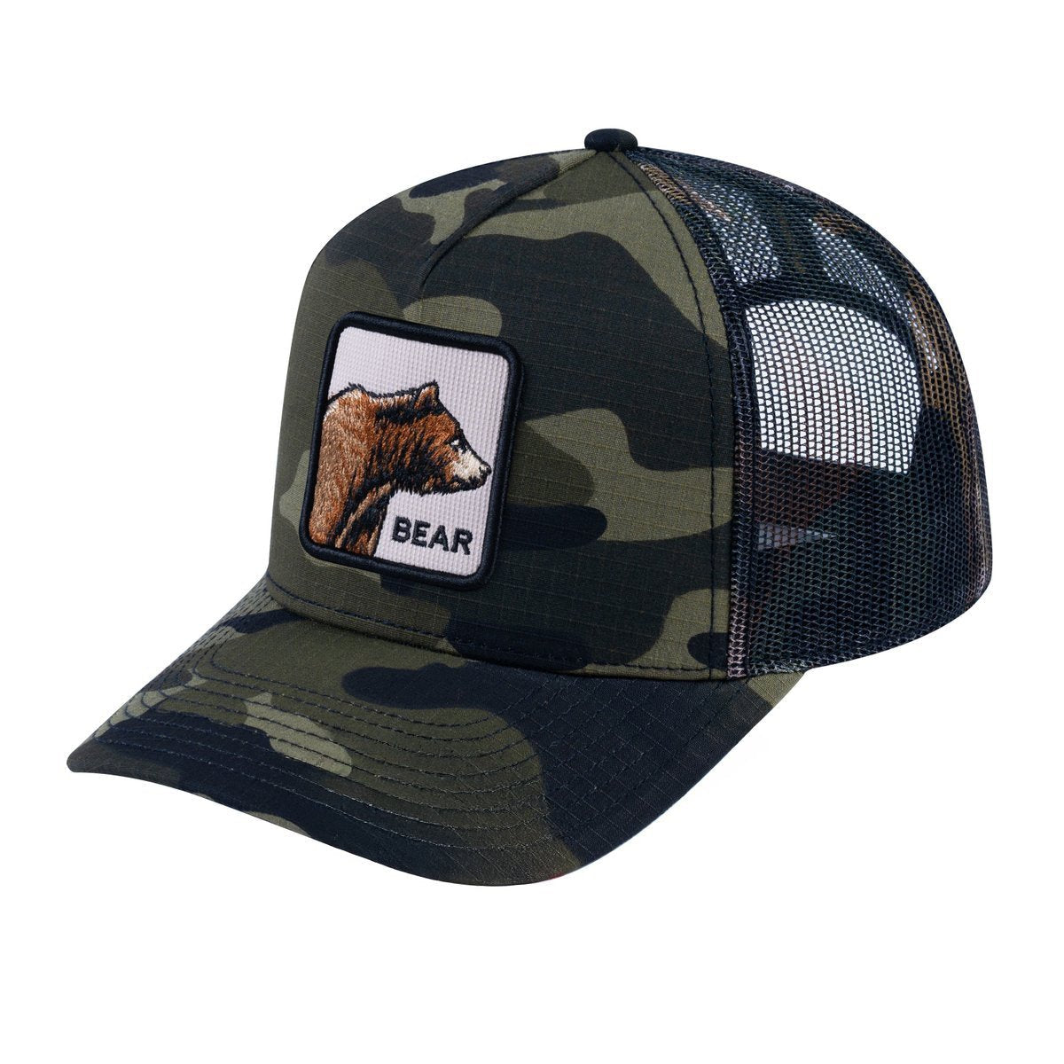 Unisex V2 Embroidered The Bear, 5-Panel Trucker Hat, Green Camo/Green Camo, Adjustable Fit